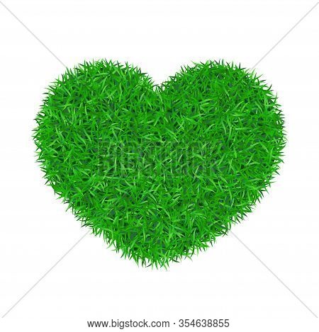 Heart Green Grass 3d. Green Grass Love Land Isolated White Background. Ecology Garden, Heart-shape. 