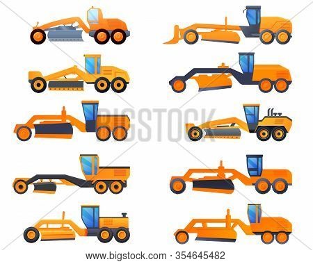Grader Machine Icons Set. Cartoon Set Of Grader Machine Vector Icons For Web Design