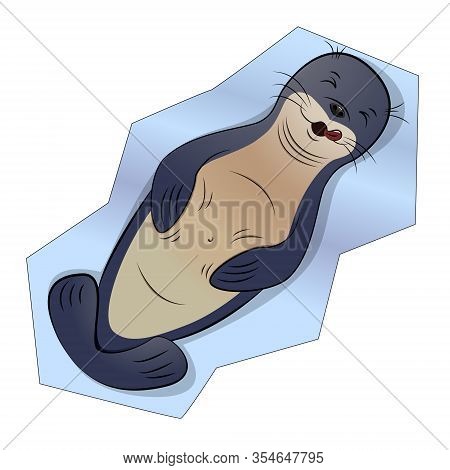 Seal Animal Lies On An Ice Floe And Fed Up. Cartoon Vector Illustration On White Background