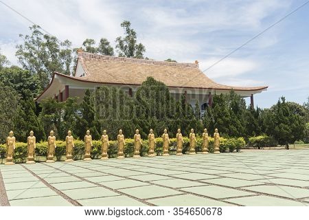 Foz Do Iguacu, Parana / Brazil; Dec 17, 2017: Chen Tien Buddhist Temple, Buddhas Square, Courtyard W