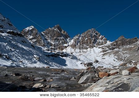 Renjo Pass: ยอดภูเขาและลำธารในเทือกเขาหิมาลัย