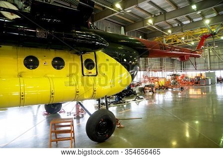 Tyumen, Russia - June 19, 2019: Aircraft Repair Helicopter Utair Engineering Plant. Mi-8 Helicopter 