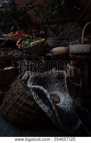 Various Foods In Foreground In Vertical Photo Darkened At Their Edges