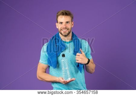 Drinking Regimen And Water Balance In Body. Positive Man Drink Fresh Water From Bottle. Feel Thirsty