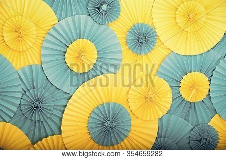 Round Decor Texture. Party Shop Concept. Round Blue And Yellow Decorative Details. Decorate. Buy Dec