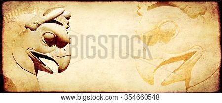 Grunge background with paper texture and bas-relief of head of griffin. Copy space for text. Mock up template