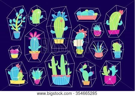 Magic Cactus In Glass Conteiners Set. Cute Cacti Vector Illustration