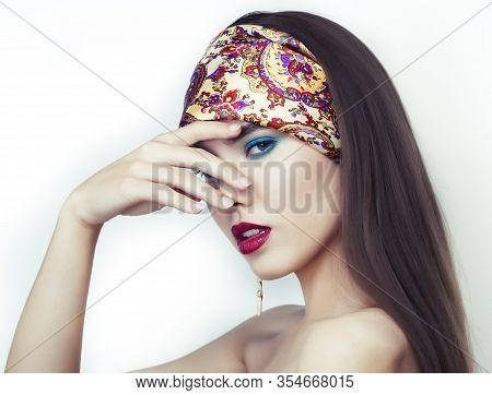 Young Pretty Modern Girl With Bright Shawl On Head Emotional Posing Isolated On White Background, As