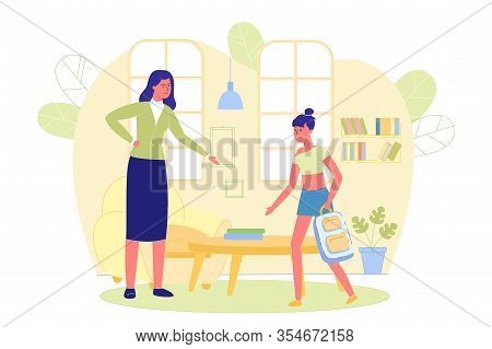 Defiantly Dressed Girl With Backpack Preparing For School Flat Cartoon Vector Illustration. Mom Scol