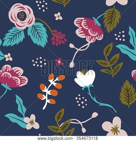 Repeat Flower Pattern. Navy Blue Background. Pink Modern Flowers. Seamless Floral Retro Pattern. Sty