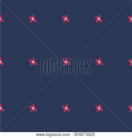 Repeat Flower Pattern. Navy Blue Background. Pink Simple Flowers. Seamless Floral Pattern. Stylish R