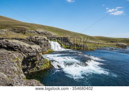 Waterfall And Cascade In River Nordari Ofaera Near Eldgja In South Iceland