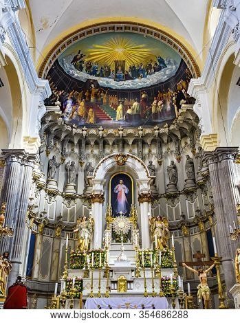 Puebla, Mexico - January 5, 2019 Basilica Altar Frescoes La Compania Church Puebla Mexico. Jesuit Ch