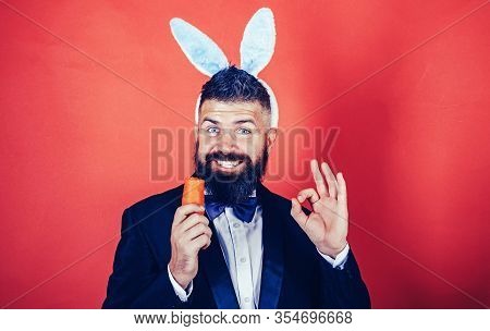 Easter Copy Space. Easter Man With Carrot. Happy Spring Holiday And Easter. Healthy And Happy Holida