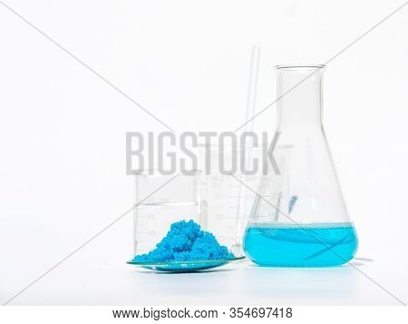 Close Up Inorganic Chemical On White Laboratory Table. Copper(ii) Sulfate,  Alcohol. Chemical Ingred