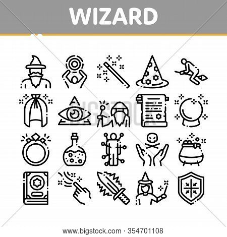 Wizard Magic Equipment Collection Icons Set Vector. Wizard Wand And Hat, Sphere And Knife, Book And 