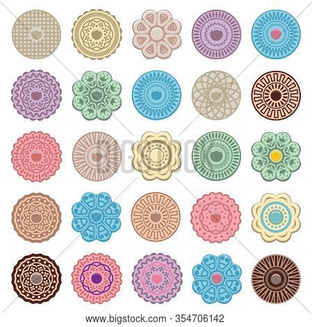 Vector Set Of Colorful Fruit And Oreo Cookies Of Different Shapes On White Background