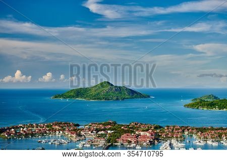 Overlook of Eden Island and Saint-Anne Marine National Park in Victoria, Seychelles, Mahe island. 