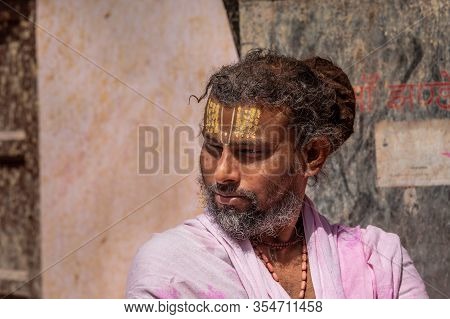 Nandgaon, Uttar Pradesh , India - March 22, 2019: Indian Man In Nandababa Temple In Nandgaon