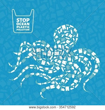 Plastic Waste Ocean Environment Problem Concept Vector Illustration. Octopus Marine Mollusc Outline 