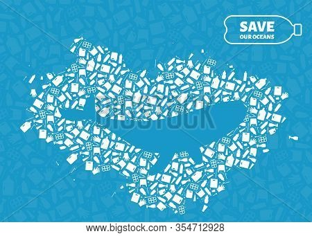 Plastic Waste Ocean Environment Problem Concept Vector Illustration. Whale Marine Mammal Silhouette 