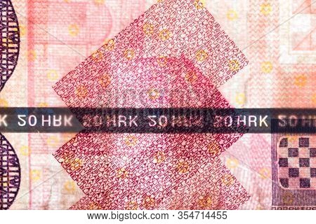 Plastic Security Strip Inside 20 Hrk Banknote. Security Strip On Croatian Kuna Banknote Created To P