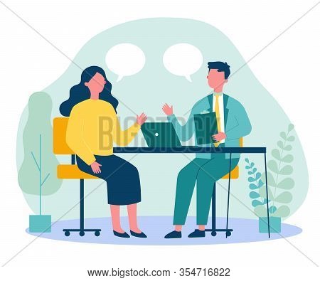 Candidate And Hr Manager Having Job Interview. Business Man And Woman Meeting At Table, Talking With