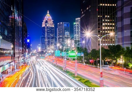 Taipei, Taiwan - May 15, 2019: Traffic On Xinyi Road And View Of Taipei At Night, In Taipei, Taiwan.