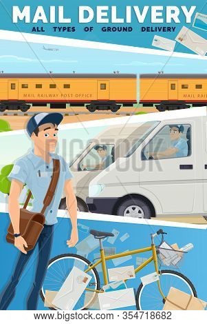 Post Mail Delivery Service, Vector. Fast Courier Postman, Van, Bike And Railway Train Post And Parce