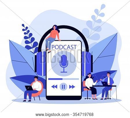 People Listening Speakers From Broadcasting Station Flat Vector Illustration. Man And Woman Listenin