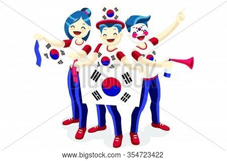Crowd Of Persons Celebrate National Day Of South Korea With A Flag. Korean People Celebrating A Foot