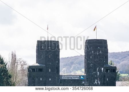 Erpel, Germany - March 27, 2016:\nruin The Ludendorff Bridge At Erpel Am Rhein In Germany.towers Of 