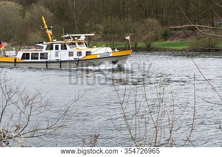 Essen, Nrw, Germany - April 4, 2016:\\nriver Supervisor Boat Bussard Ms At A Check Ride On The River
