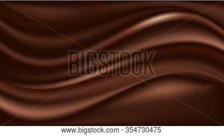 Chocolate Wavy Swirl Background. Abstract Satin Chocolate Waves, Brown Color Flow. Vector Illustrati