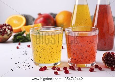 Trendy Tropical Orange And Pomegranate Juice With Basil Seeds Or Falooda Seeds Or Tukmaria In Glasse