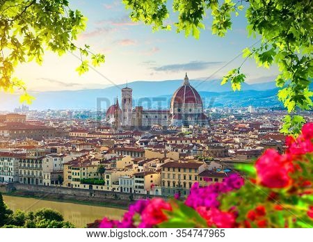 Cathedral Of Saint Mary And Flowers In Florence, Italy
