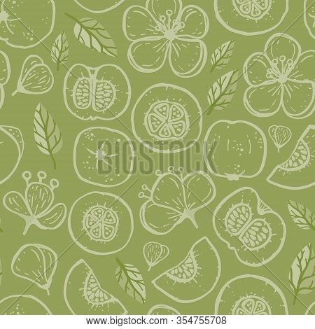 Vector Green Quince Texture Seamless Pattern Print Background.