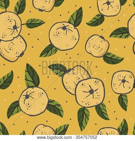 Vector Yellow Quince Fruit Seamless Pattern Print Background.