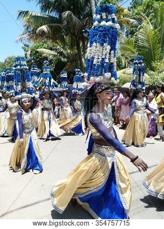 Carnival In Poya Day On The Streets Of Mirissa. Dressed People Celebrating Poya Day. March, 9, 2020,