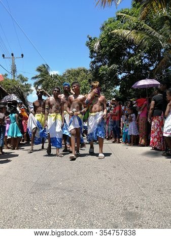 Carnival In Poya Day On The Streets Of Mirissa. Dressed People Celebrating Poya Day. March, 9, 2020,