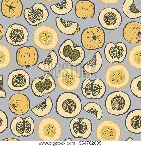 Vector Grey And Yellow Quince Fruit Seamless Pattern Print Background.