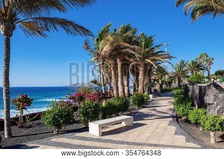 Puerto Del Carmen Beach In Lanzarote, Canary Islands, Spain. Blue Sea, Palm Trees, Selective Focus