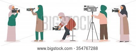 Muslim Tv Journalist Camerawoman Set. Character With Camera