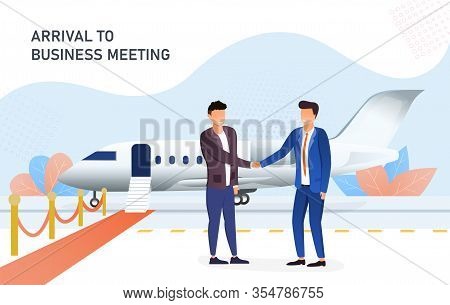Businessmen Shaking Hands In The Airport After Arrival To Business Meeting. Red Carpet Leading To A 