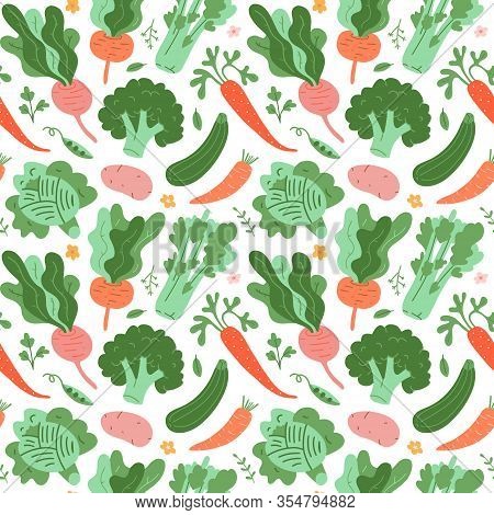 Vegetables Pattern, Doodle Veggies, Hand Drawn Illustrations Of Carrot, Broccoli, Beet Root And Cabb