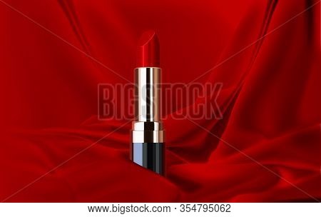Cosmetics Design Red Lipstick On A Red Silk Background Vector Mock Up