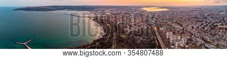 Aerial Panoramic View Of Varna, Bulgaria At Sunset In Autumn