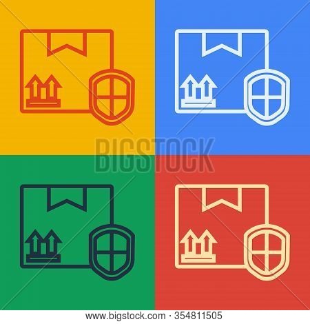 Pop Art Line Delivery Pack Security With Shield Icon Isolated On Color Background. Delivery Insuranc