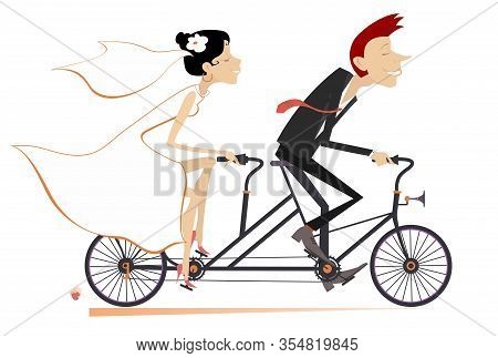 Heterosexual Married Wedding Couple Rides On A Tandem Bike Illustration. Happy Man And Woman In The 