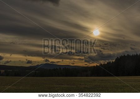 Field And Hills Near Velesin Town In Sunny Day In South Bohemia